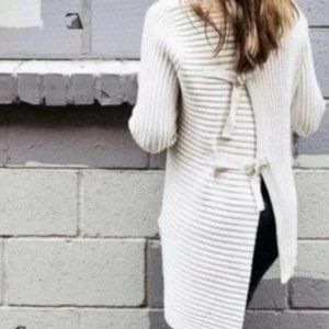 CAbi Cream Ribbed Open-Back Tie-Detail Crew Sweater